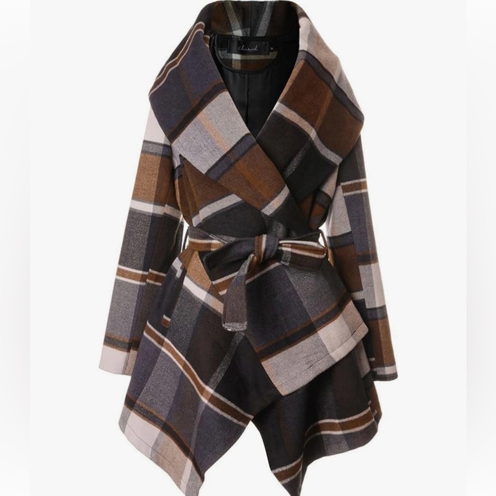 NEW. Brown earth tone asymmetrical hemline wool blend. Turn down shawl collar.
